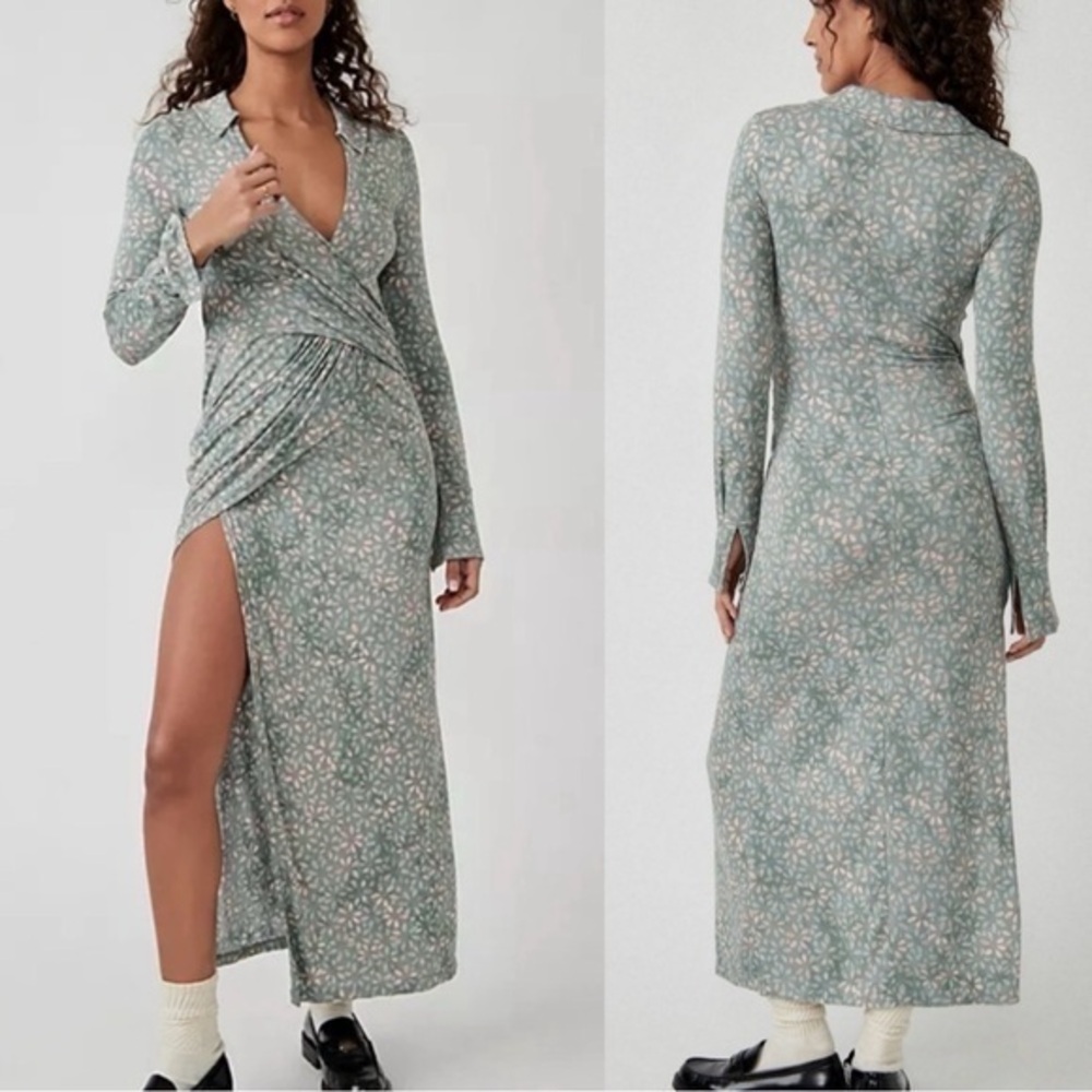 Free People Moss Green Floral MIDI Dress Size Large